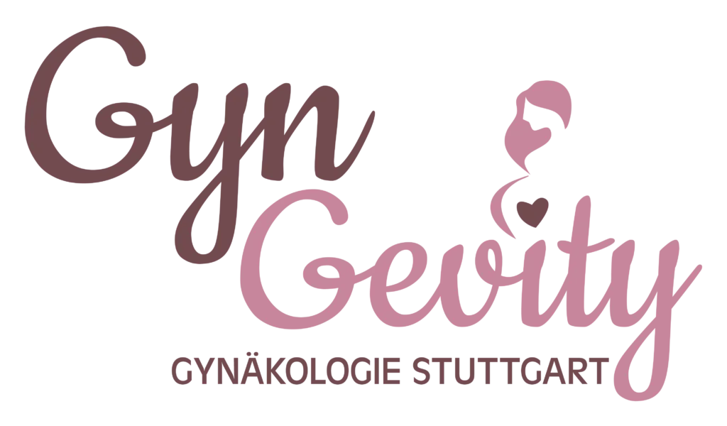 Finales Logo von GynGevity mit Serifenschrift, Herz als i-Punkt und Silhouette einer schwangeren Frau