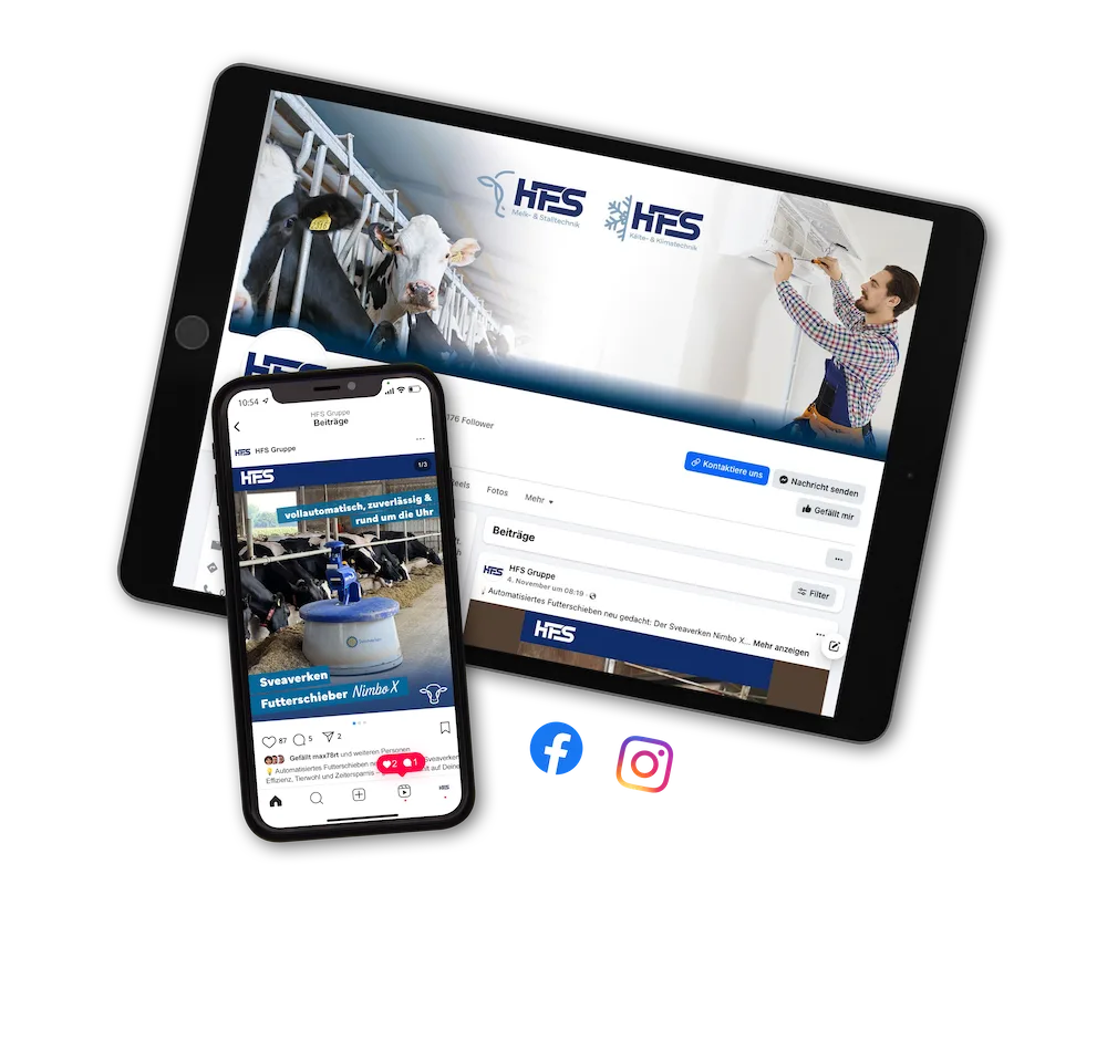 iPad mit Facebook-Seite der HFS Gruppe und Smartphone mit Instagram-Seite – Social Media Betreuung durch Black on White