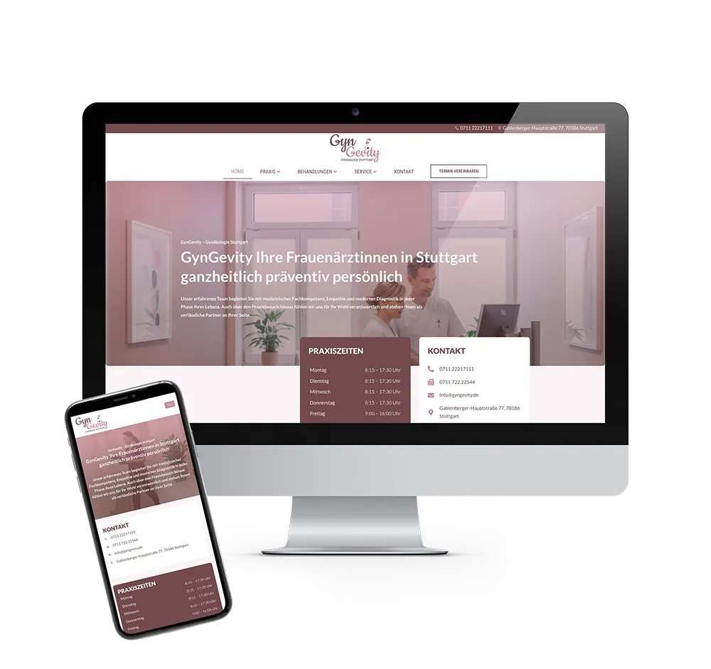 Mac und Smartphone mit der gestalteten und umgesetzten Webseite von GynGevity – realisiert durch Black on White