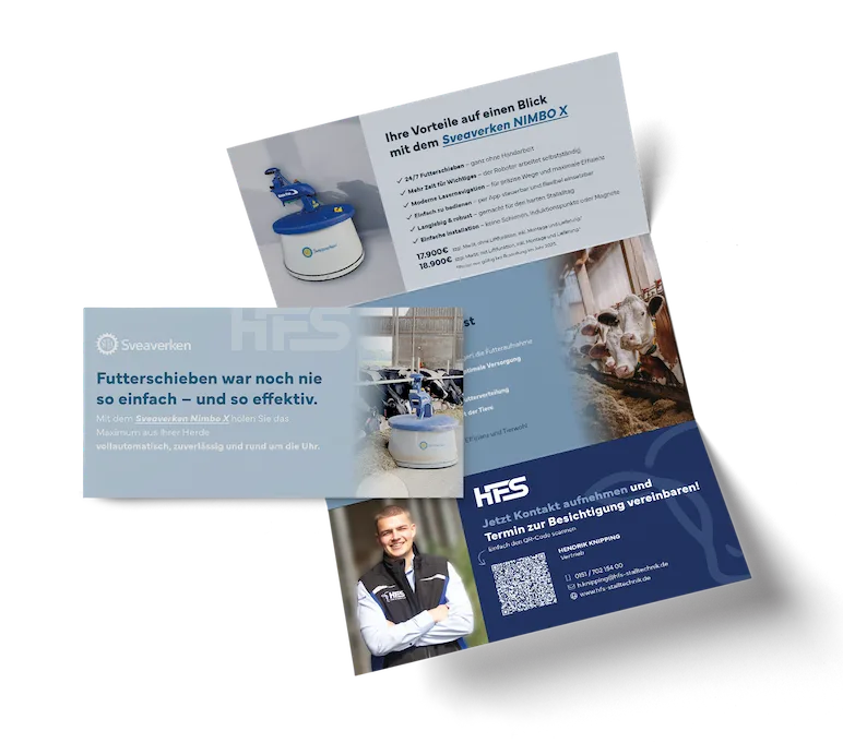 Mockup eines gestalteten Mailings zum Thema Futterschieber – umgesetzt und versendet von Black on White