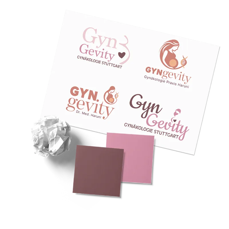 Entwicklungsprozess der Logogestaltung für die Gynäkologische Praxis GynGevity in Stuttgart – umgesetzt von Black on White