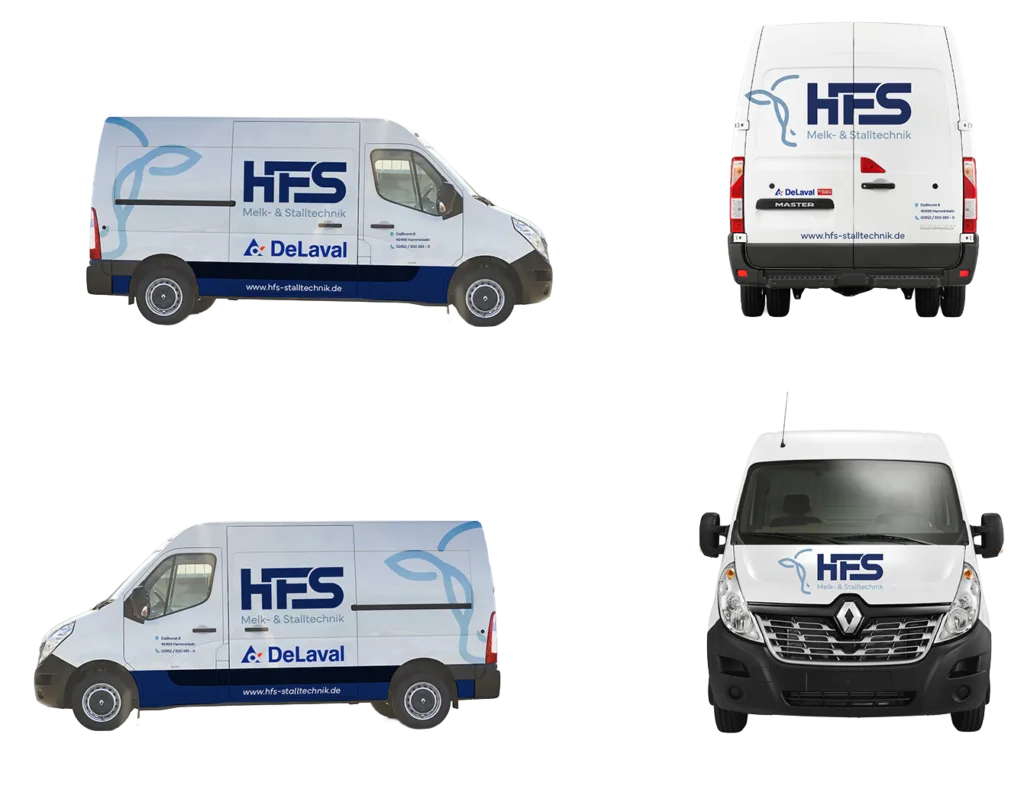 ransporter der HFS Gruppe mit gestalteter Fahrzeugfolierung und umgesetzter Werbetechnik durch Black on White