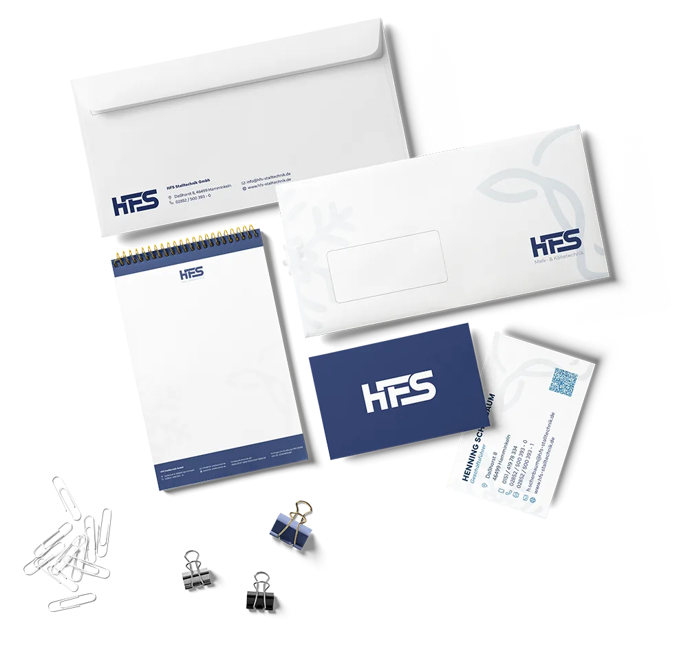 Geschäftsausstattung der HFS Gruppe mit gestalteten Visitenkarten, Blöcken und Briefpapier – umgesetzt von Black on White