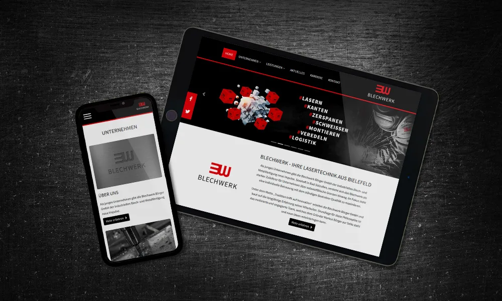 Responsive Webdesign von Blechwerk auf iPad und Smartphone – gestaltet von Black on White Werbeagentur