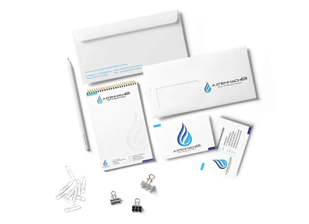 Geschäftsausstattung von Daniel Assenmacher mit gestalteten Visitenkarten, Blöcken und Briefumschlägen – umgesetzt von Black on White