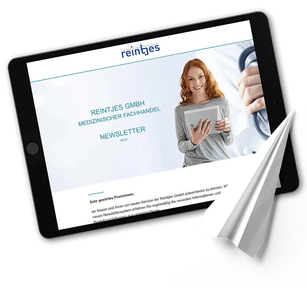 Mockup eines Tablets mit dem Newsletter der Firma Reintjes – gestaltet und realisiert von Black on White