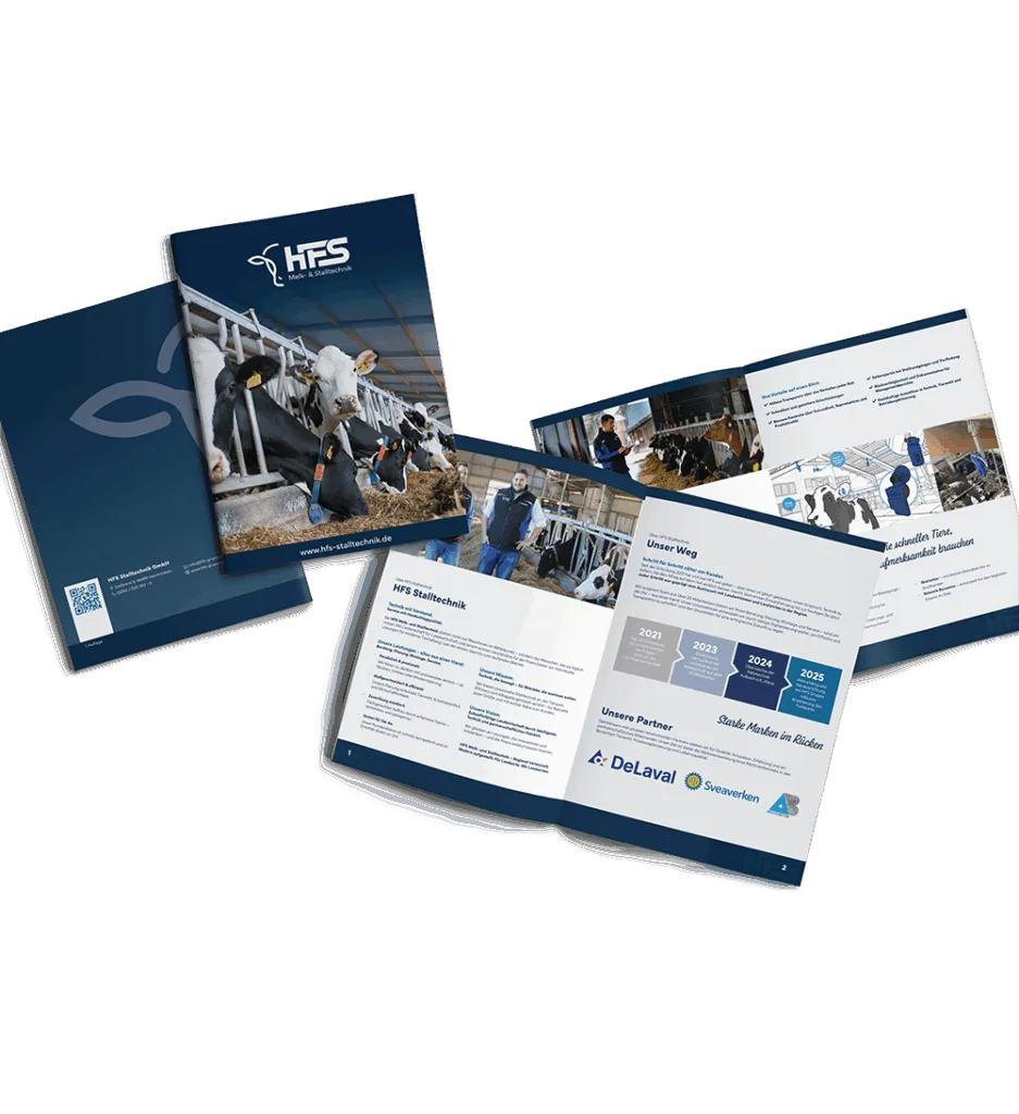 Mockup der Imagebroschüre für die HFS Gruppe mit gestalteter Vorderseite, Rückseite und aufgeschlagener Innenseite